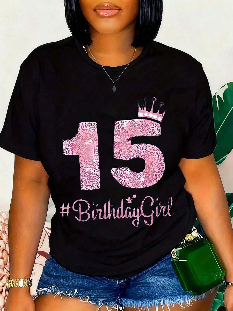 Camiseta de 15º Cumpleaños para Chicas Adolescentes - Número 15 con Purpurina Rosa y Diseño de Corona # Camiseta Gráfica BirthdayGirl para Celebraciones de 15 Años, Camiseta Divertida y Festiva para Fiesta de Quinceañera o Cumpleaños de 15 Años - Negro - Ver 1