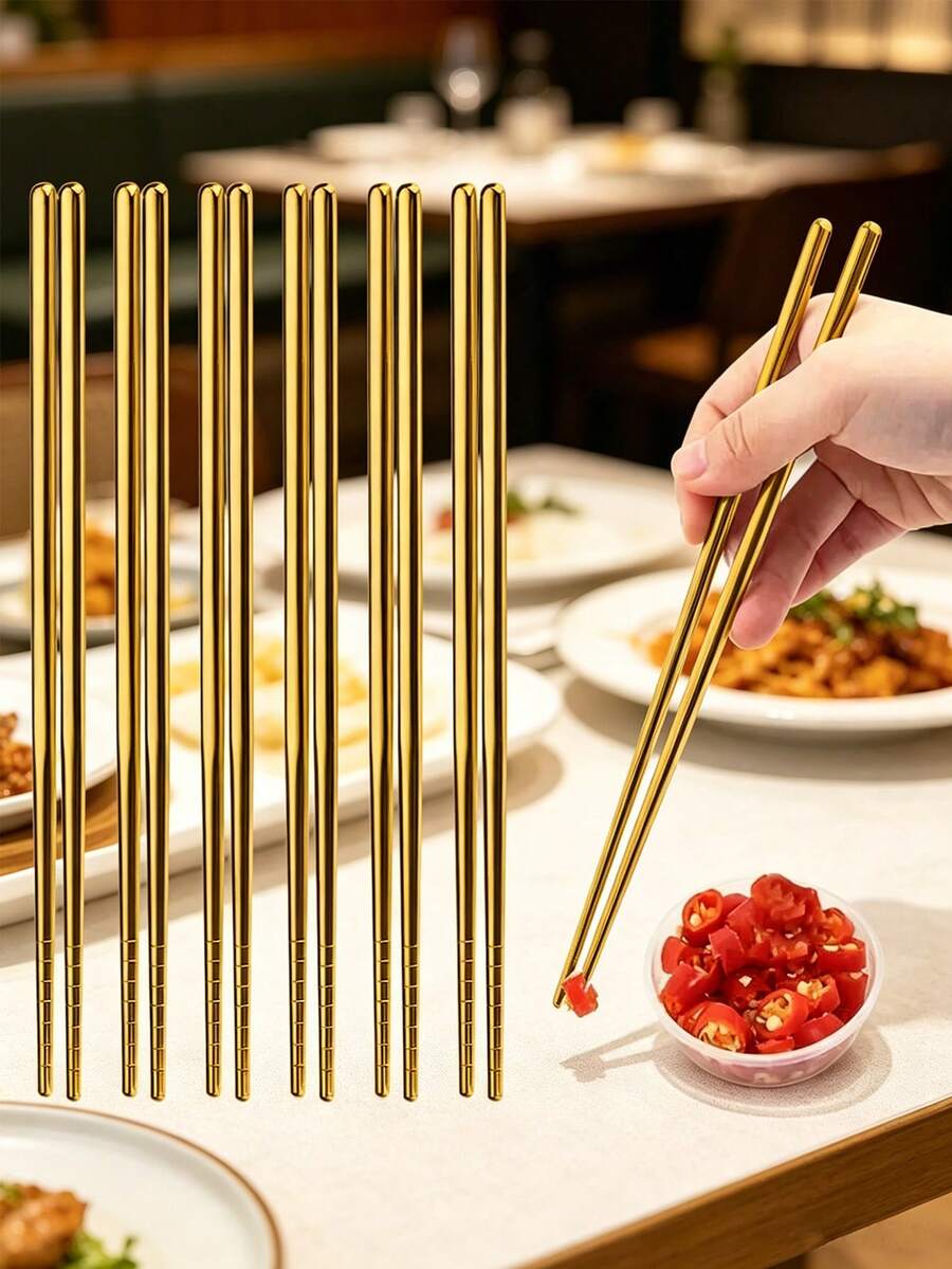 Gaazky 10 件高品质不锈钢筷子 - 防滑、可重复使用的韩式和日式食物棒,适用于寿司、小吃等 - 耐用厨房用具套装 - 金色 - 查看 1
