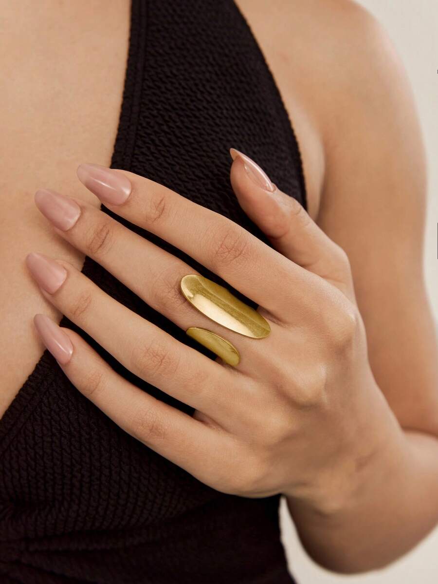 Altistry 1pc Minimalist Stainless Steel Geometric Wide Band Golden Ring, Suitable For Daily Wear, Party, And Gift - Yellow Gold - View 1
