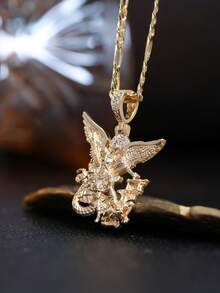 1 chiếc vòng cổ thiên thần đính đá Cubic Zirconia lấp lánh | Dây chuyền phong cách Hip Hop, bùa hộ mệnh tôn giáo, trang sức đường phố Gothic dành cho nam và nữ - Thiên thần vàng - Xem 4