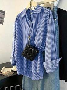 Camisa de mujer de un solo pecho a rayas, versátil y casual para uso diario - Azul 3 - Ver 1