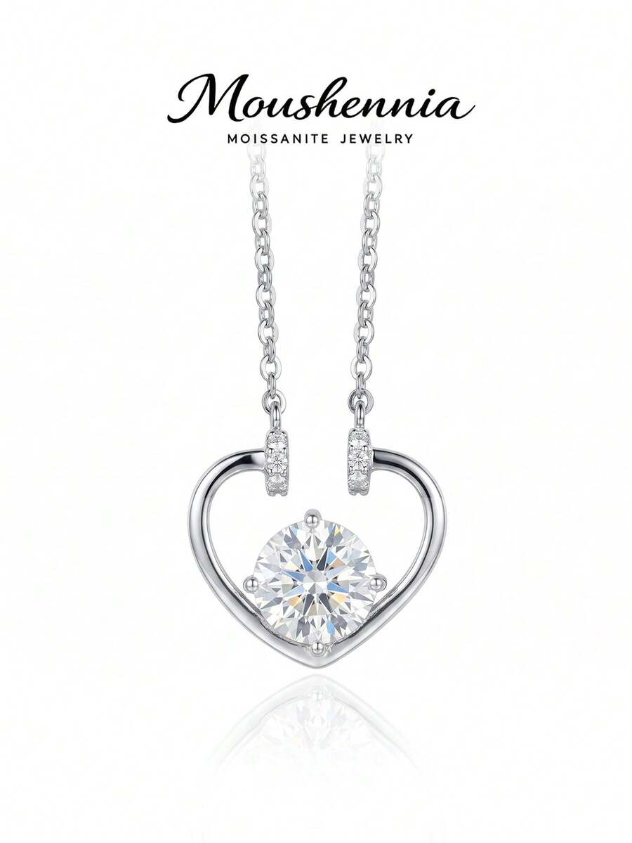 MOUSHEENIA 925 Sterling Silver Heart Pendant Necklace For Women - Genuine Moissanite Solitaire - Dainty Round Cut Diamond Simulant - Eternal Love Promise Jewelry - Gift For Her Anniversary Wedding Birthday - Pendant Necklace - View 1