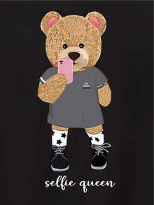 Camiseta con estampado de oso de caricatura y letra - Negro - Ver 7