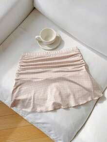Minifalda acampanada fruncida con estampado de lunares para el verano - Caqui - Ver 4
