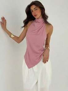 Top elegante de verano de diseño minimalista, sin mangas y con espalda descubierta, de unicolor - Rosa vieja - Ver 4