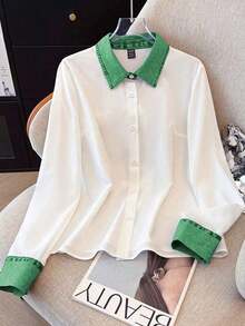 Camisa de efecto de mezclilla de parchwork casual para mujer, otoño/invierno - Verde 2 - Ver 3