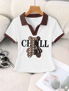 Blusa casual de mujer con cuello polo a rayas y manga corta - Blanco y Negro 5 - Ver 3