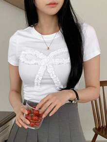 Camiseta casual de verano para mujer con volantes y decorativa con lazo, crop tops para mujer, camisetas gráficas - Blanco - Ver 6