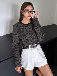 Camiseta de manga corta holgada de cuello redondo con estampado de leopardo casual para mujer, blusas de manga larga para mujer de otoño, ropa de mujer de otoño - Gris - Ver 4