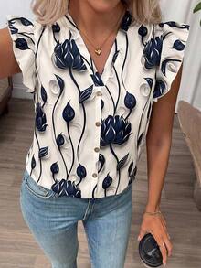 Clasi Blusa de mujer de verano con cuello en V y mangas cortas con estampado floral - Niebla azul - Ver 3