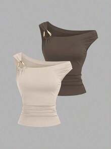 Set de 2 camisetas ajustadas con cuello asimétrico, versátil top casual, primavera/verano - Multicolor - Ver 8