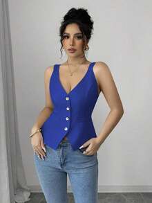 Camiseta sin mangas de un solo pecho de unicolor casual para mujer - azul real - Ver 4