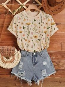 Camiseta casual de mujer de manga corta, cuello redondo, con estampado floral de verano - Caqui 2 - Ver 1