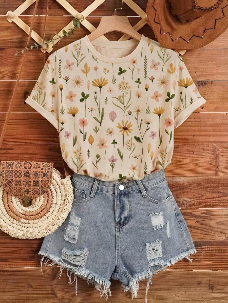 Camiseta casual de mujer de manga corta, cuello redondo, con estampado floral de verano - Caqui 2 - Ver 1