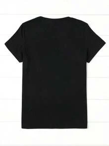 1 pieza de camiseta de manga corta y cuello redondo a la moda, con estampado de labios rojos y dólares, ideal para todas las estaciones, ropa de mujer. 180g Algodón 100%. - Negro - Ver 3