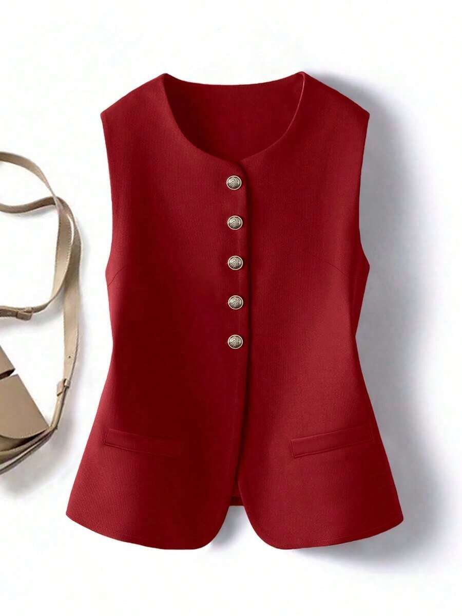 Cárdigan de cuello redondo elegante y casual de estilo vintage para mujer - Burdeos - Ver 1
