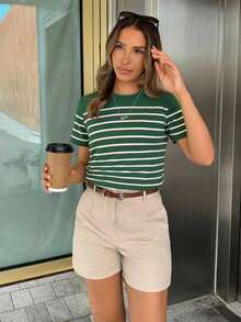 PariChic Camiseta casual de mujer a rayas, camisetas gráficas versátiles para mujer - Verde militar - Ver 3