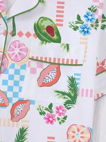 2pcs/Set Women's Pajama Set, Grid Floral & Coconut Tree Print, Women's Loungewear, Spring/Summer Holiday Outfit, Short Sleeve Lapel Top And Shorts, Can Be Worn Out - Multicolor - View 6