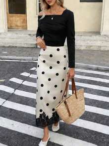 Falda de encaje con lunares vintage |   Base beige con lunares negros + dobladillo de encaje, vibra romántica para mujeres maduras. Falda de playa elegante de primavera con lunares contrastantes y empalme de encaje - Albaricoque - Ver 4