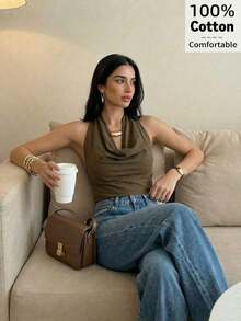 Blusa elegante minimalista con cuello drapeado y lazo delantero para mujeres, color albaricoque - Café integral - Ver 2