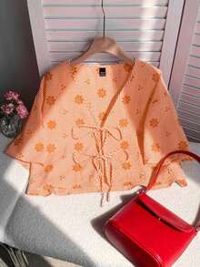 Camisa de mujer de rayas huecas con bordado y lazo para vacaciones, top de verano azul, cubrecosturas de playa; Camisa con lazo, top rojo y blanco; Top con flores 3D - Naranja - Ver 6