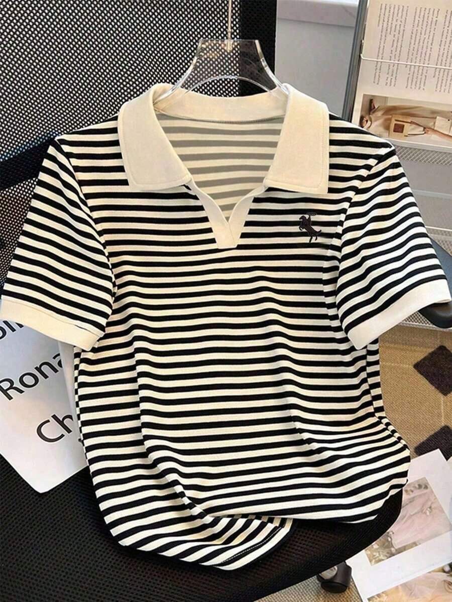 Camiseta de manga corta con cuello de polo a rayas casual de verano para mujer - Multicolor 5 - Ver 1