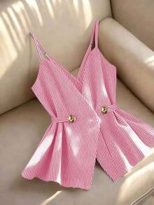 Camiseta sin tirantes casual de mujer con decoración de botones a rayas - Rosa - Ver 1
