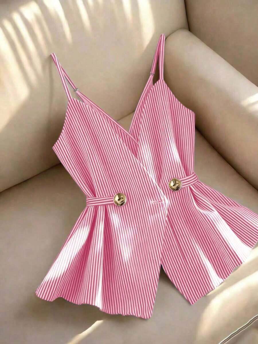 Camiseta sin tirantes casual de mujer con decoración de botones a rayas - Rosa - Ver 1