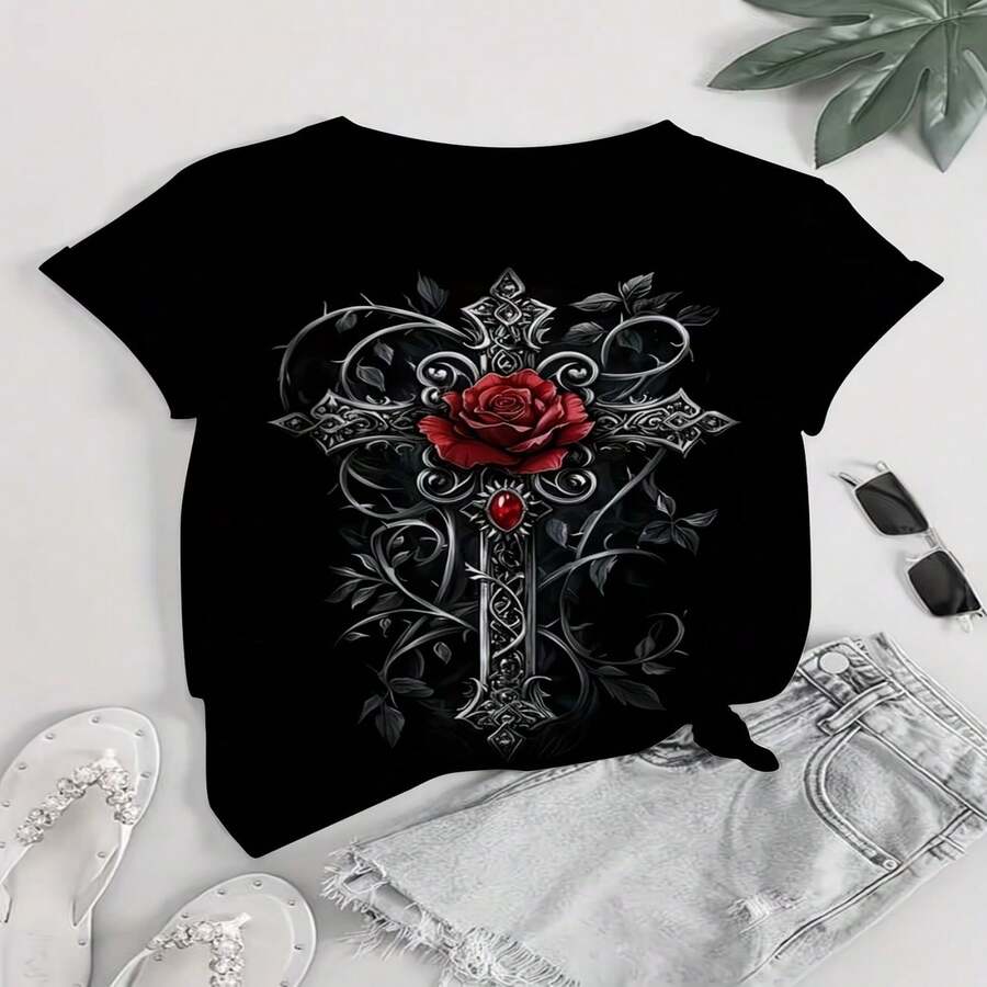 Women's Gothic Rose Cross Cotton T-Shirt, Casual Short Sleeve Round Neck Tee with Dark Floral Print, Regular Length Top for Everyday Style - Negro - Ver 1