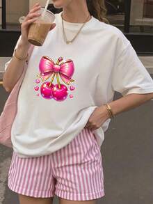 Women's Multicolor Short-Sleeve Crew Neck T-Shirt - "Sweet & Cool" Cherry And Bow Print - Versatile Summer Top - Pure Cotton Basic T-Shirt - "Sweet & Cool" Cherry And Bow Print - Casual, Modern, And Perfect For Everyday Wear - Loose Fit T-Shirt - Adorable Cherry And Bow Print - Ideal For Summer Outings - 白色 - 查看 10