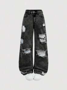 Girlism Jeans rectos y sueltos de mezclilla azul con agujeros rotos para adolescentes - Negro - Ver 6