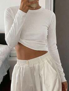 Blusa de manga larga de cuello redondo, ajuste delgado, con estampado de lunares, ropa de otoño para mujer - Blanco - Ver 5