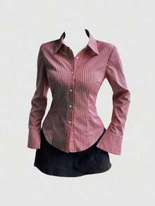 Camisa de manga larga casual a rayas que ciñe la cintura, apta para primavera/verano/otoño, tops de manga larga - Rojo - Ver 8