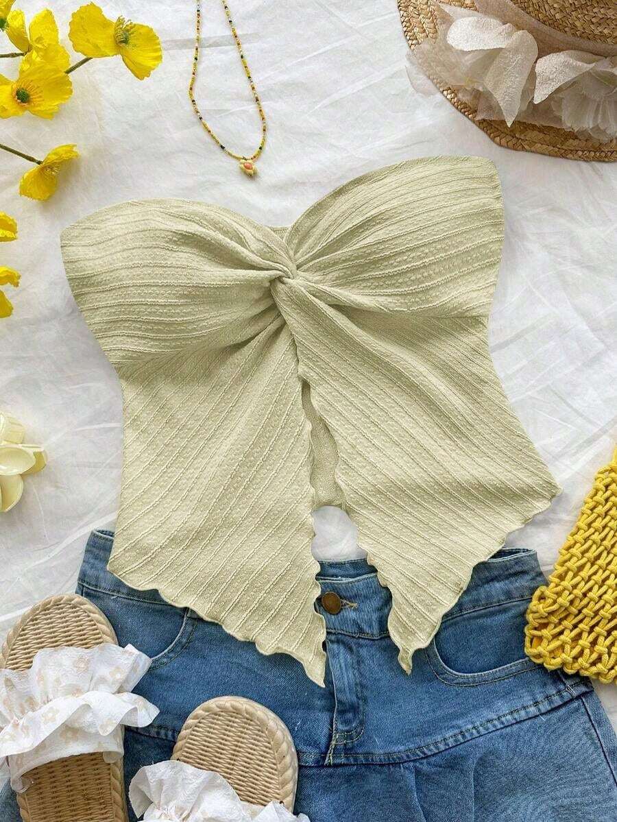Top tubo de punto de textura amarillo ganso para mujer con abertura anudada en el medio delantero y borde ondulado, ajuste ceñido, para uso en fiestas, vacaciones y otoño/invierno - verde menta - Ver 1