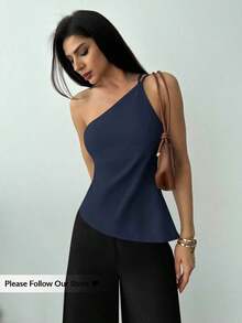 Nueva llegada Primavera/Verano Elegante Top casual de lino color albaricoque con cintura fruncida, bajo asimétrico y espalda descubierta - Azul marino - Ver 1