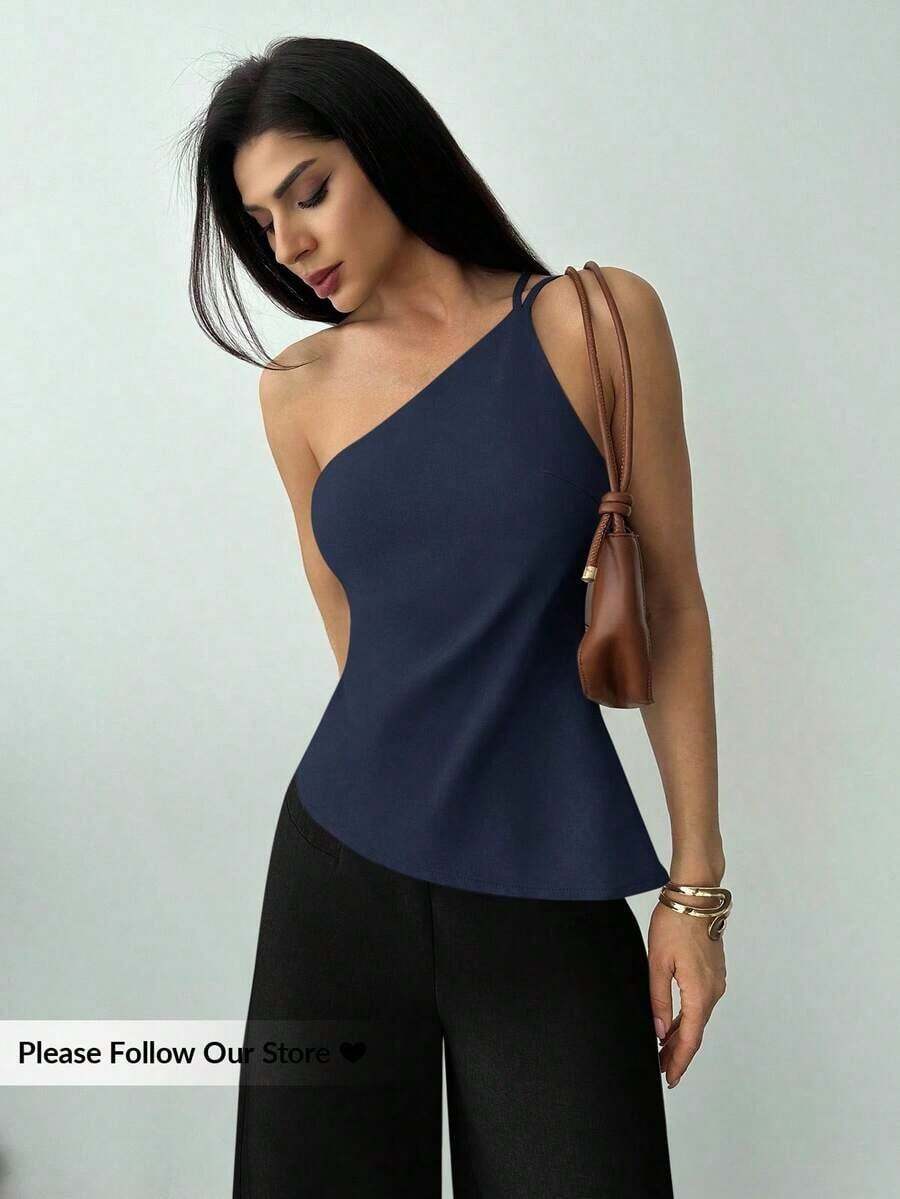 Nueva llegada Primavera/Verano Elegante Top casual de lino color albaricoque con cintura fruncida, bajo asimétrico y espalda descubierta - Azul marino - Ver 1