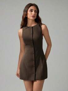 Tall Vestido mini elegante de unicolor con cuello redondo y sin mangas para mujer - Marrón - Ver 6