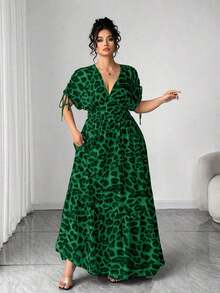 Elenzya Vestido maxi elegante de talla grande para mujer con cuello en V, estampado de leopardo, manga corta fruncida y falda acampanada - Verde Oscuro - Ver 4
