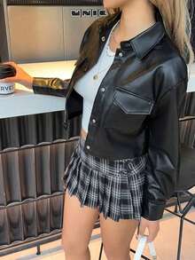 Chaqueta de PU con botones, bolsillo con solapa y hombros caídos para otoño/invierno - Negro - Ver 5