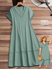 Vestido casual holgado de unicolor con cuello en V y mangas cortas para mujer de talla grande - verde menta - Ver 10