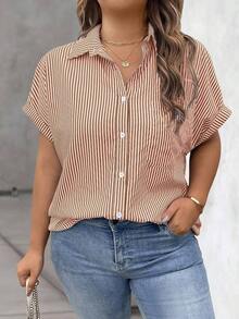 Vionelle Blusa casual de talla grande para mujer con estampado de rayas azul y blanco, de manga corta y abotonada, para el verano - Caqui - Ver 7