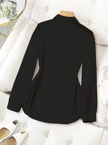 Blusa minimalista de unicolor transparente con cuello vuelto, blusas de manga larga - Negro 3 - Ver 2