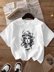 Camiseta de mujer de talla grande MEDUSA DIOSA, estilo casual, adecuada para el gimnasio y el verano. - Blanco - Ver 4