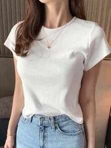 Camiseta básica de mujer de cuello redondo de unicolor de manga corta, blanca, para primavera/verano, de estilo casual de oficina - Blanco - Ver 9