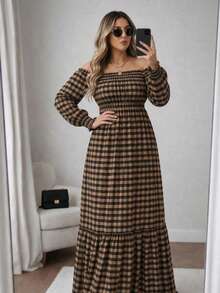 Adult Plus Size Long Plaid Dress With 3/4 Sleeves, Adjustable Elastic Waistband, Perfect For June Festivals, Country Fashion, Loose Fit, And Comfortable. - Nâu/Đen - Xem 7