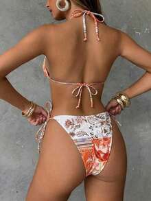 Conjunto de bikini con estampado de teñido anudado para mujer, traje de baño de mujer con decoración de concha iridiscente sexy para fiestas y festivales de música, atuendo de playa de vacaciones para mujer - Multicolor 3 - Ver 2