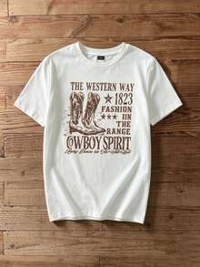 Single Garment Set, Not A 3-Piece Set, 1 Piece/Set Of Short-Sleeved T-Shirts Suitable For Streetwear, Oversized Round Neck Top For Daily Outings, Camping, Concerts, Hip-Hop, Rock, And Rap Events. Casual And Fitted Minimalist Graphic Graphic Cropped T-Shirt For Women, With Cowboy/Western Boot Print. - 白色 - 查看 2
