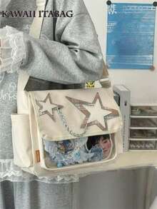 可爱痛包尼龙斜挎包，带透明窗口，可DIY徽章展示板，PVC透明口袋单肩包，可爱格子星星装饰和链条细节，动漫徽章展示，女生学生日常使用书包，演唱会粉丝手提包 - 白色 - 查看 5