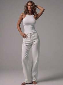 Jeans de tiro medio con pierna recta, lavado blanco, tiro alto, de uso casual, para salir por la noche, volver al colegio, oficina, citas, básicos de denim, elegantes para primavera y verano - Blanco - Ver 1