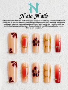 NAIO 10pcs/Set Handmade Press On Nails 3 Sizes Available: Coffin/Almond/Short Square Nail Tips, Y2K Baddie Style, Nude, Red And Gold Color With French Edge, Gold Nail Polish With A Gradient Sunburn Color, Featuring Floral And Gilded Designs, And Adorned With Gold Bead Embellishments. Cream Texture, Suitable Fashionable And Avant-Garde For Women And Girls, Party, Daily Wear, Comes With Tool Kit, Great Gift For Ladies Nails Nail Supplies - Multicolor - View 4